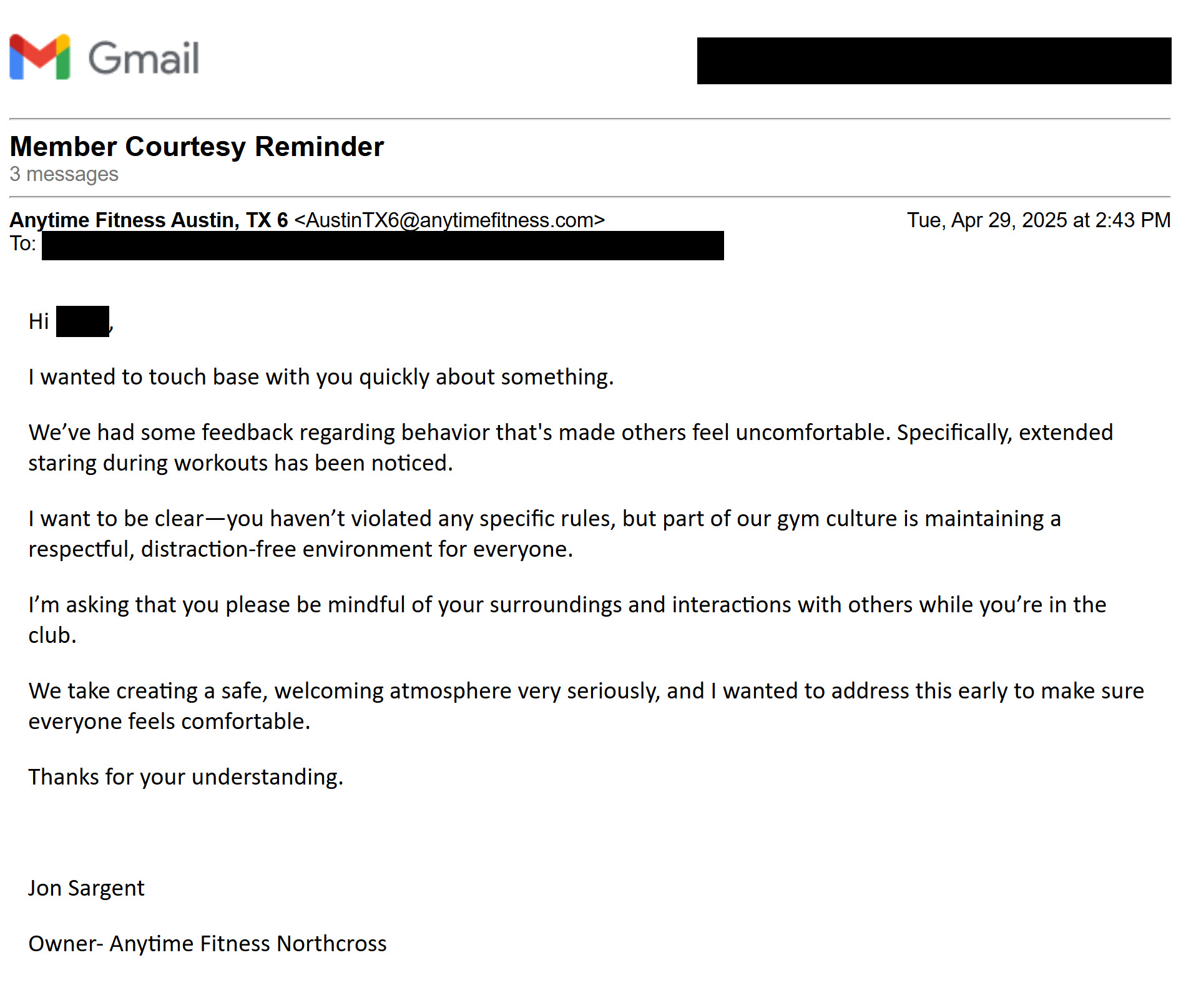 First letter from AF fitness location owner with warning.